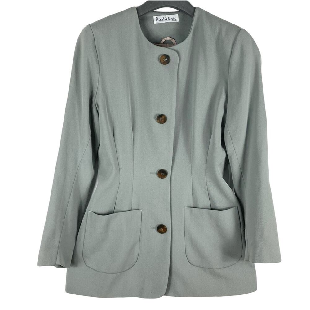 Vintage PIED A TERRE LONDON Jacket Blazer US 8 Blue-Grey Wool Fitted Tailored